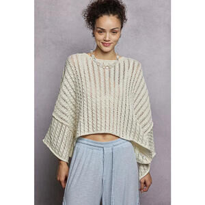 Cable-Knit Openwork Round Neck Cropped Sweater